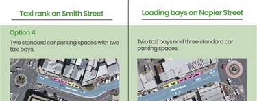 Remove both loading bays on Napier Street and replace them with two taxi bays. Provide two new car parking spaces on Smith Street.