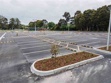 The completed carpark, including garden beds featuring native plants