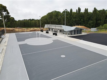 The new pavilion and netball courts following completion