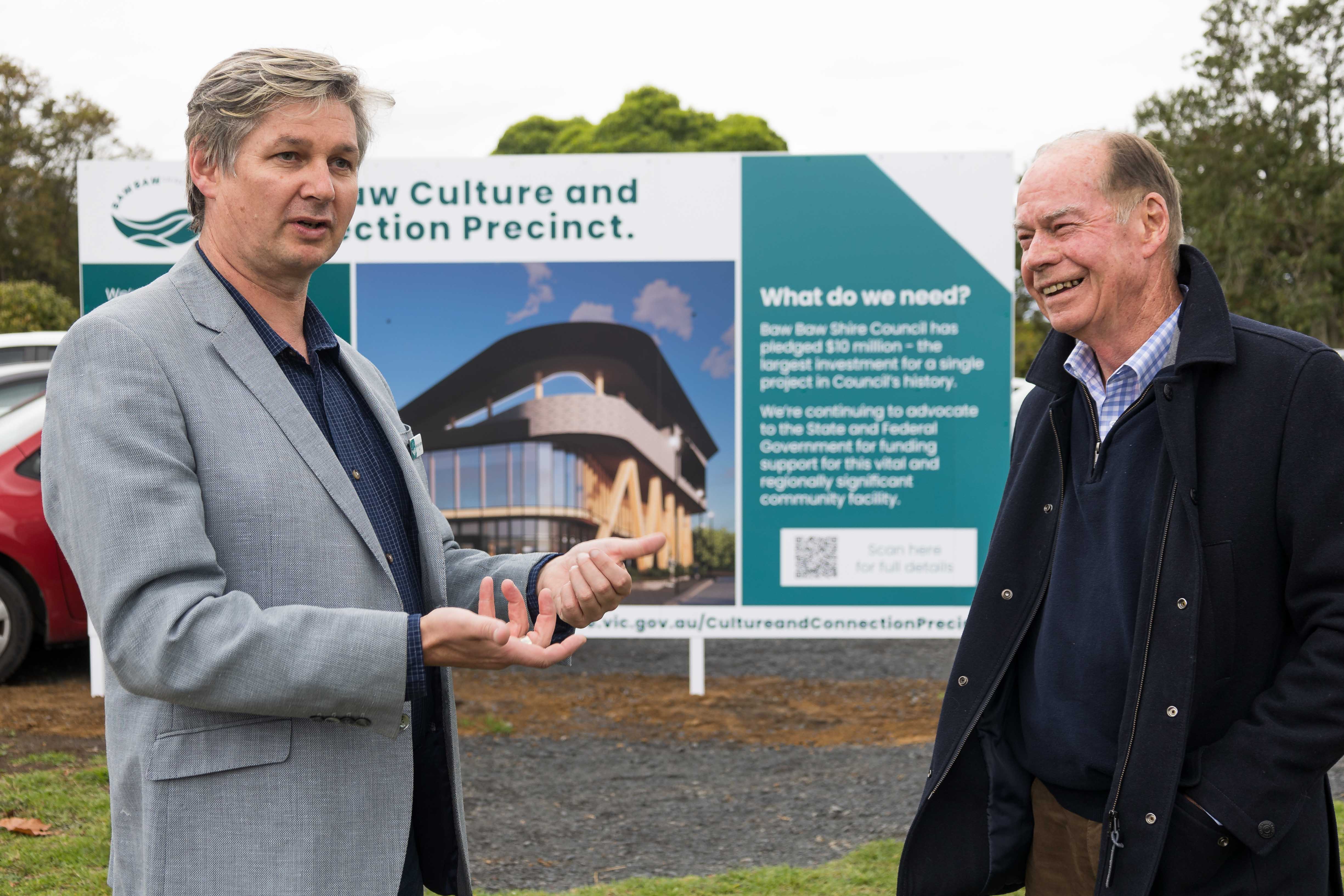 Mayor Michael Leaney and Russell Broadbent MP discuss the proposed Baw Baw Culture and Connection Precinct, for which Council is seeking $10 million in Federal Government support.