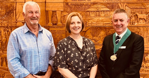 Deputy Mayor Peter Kostos, outgoing Mayor Cr Mikaela Power and Mayor Danny Goss