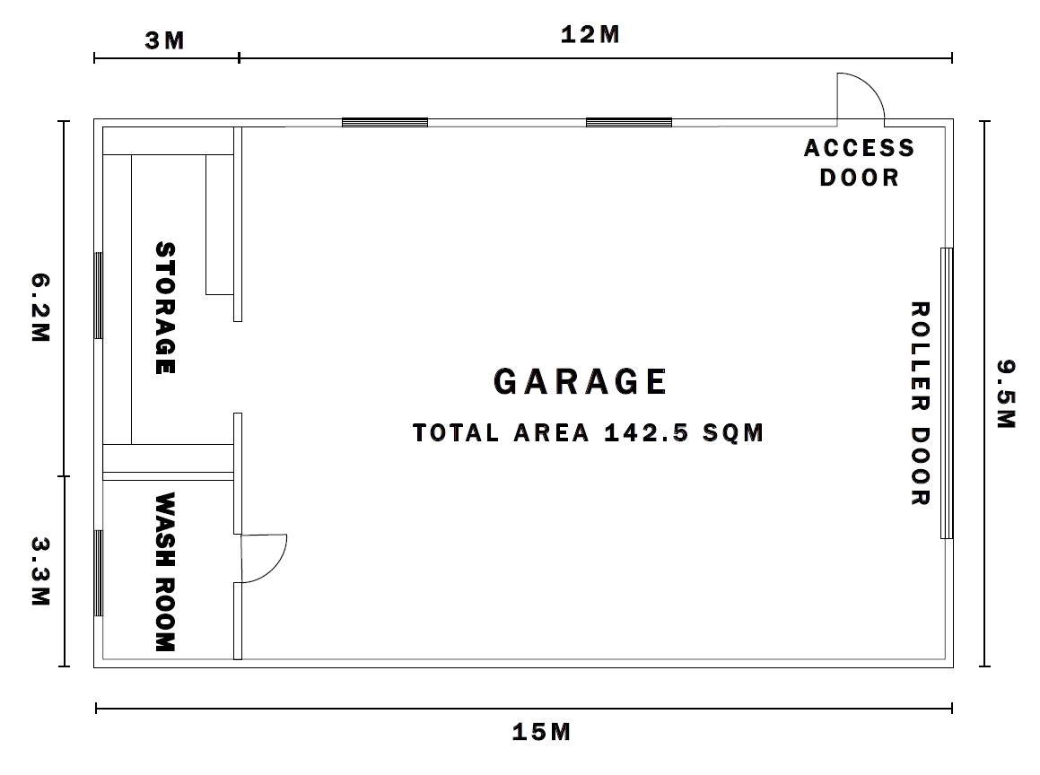 Bird's-eye view drawing of proposed floor plan, including measurements, doors and inner rooms and storage spaces