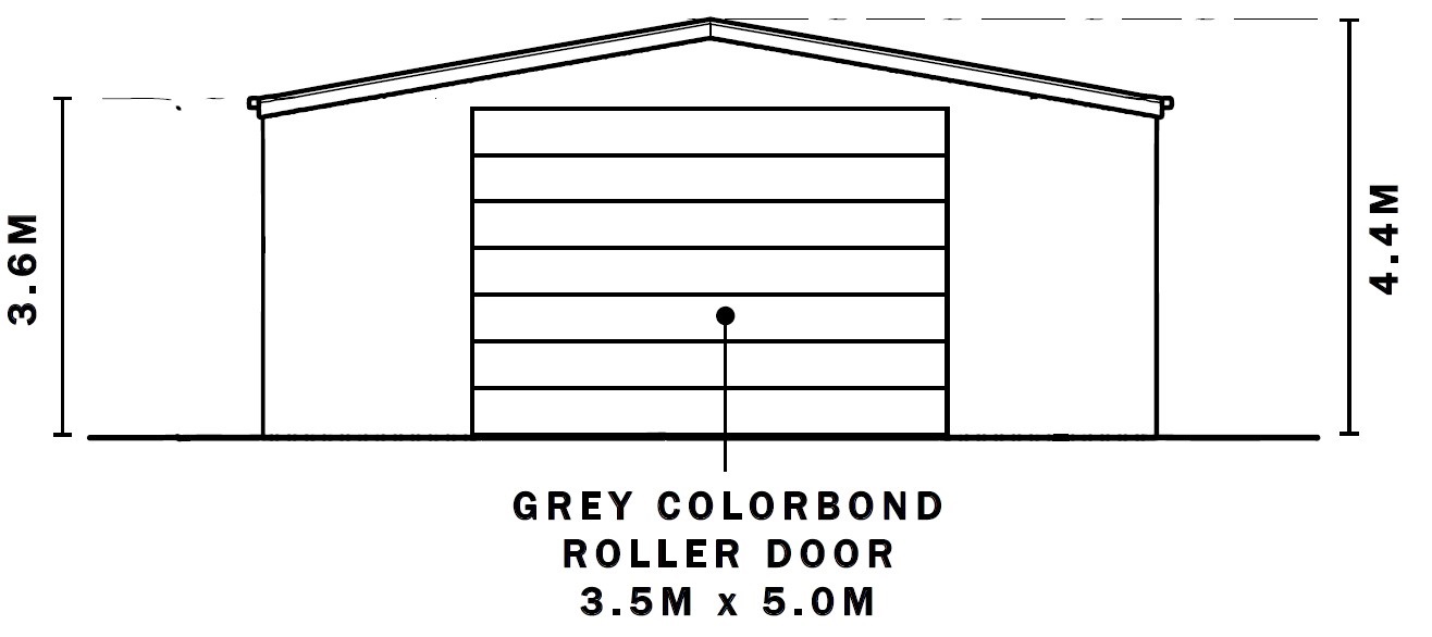 Front-on drawing of the proposed building, including height measurements of walls as well as roof peak, and dimensions of door