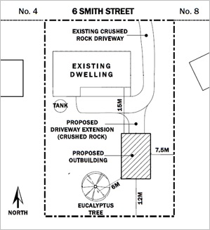 Bird's-eye view drawing of proposed site, including outline of existing dwelling, proposed outbuilding and driveway extension, tank, property boundary and drive way, with a north-pointing arrow