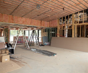 The pavilion's timber frame, along with the roofing is complete. Internal electrical fit-out, mechanical ducting for air conditioning, plaster are underway. External cladding is almost complete