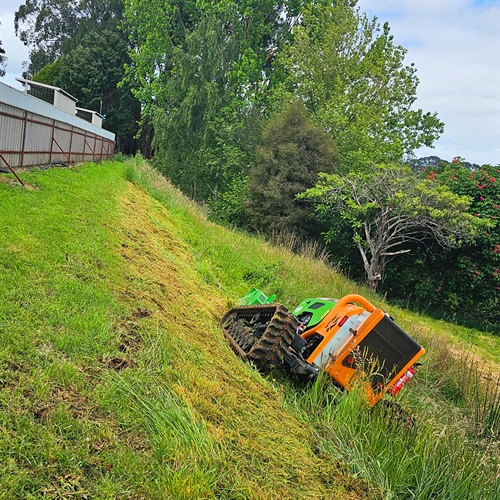 A remote mower cutting grass on a steep slope